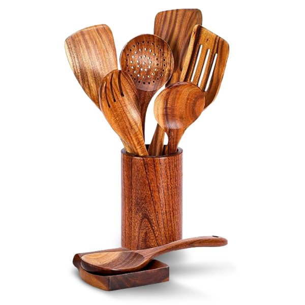 Cheer Collection 9 Piece Deluxe Wooden Utensils Set with Holder and Spoon Rest For Sale